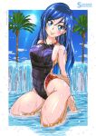  1girl arms_behind_back barefoot black_swimsuit blue_hair blue_sky braid cloud commentary_request competition_swimsuit crown_braid day dokidoki!_precure groin highleg highleg_swimsuit highres hishikawa_rikka kneeling long_hair one-piece_swimsuit outdoors palm_tree precure short_hair sky solo sun swimsuit takaishi_fuu tree water wet wet_clothes wet_swimsuit 