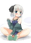  1girl :o bangs bare_shoulders barefoot blue_eyes blush competition_school_swimsuit eyebrows_visible_through_hair feet goggles hair_ribbon highres hitodama jacket konpaku_youmu konpaku_youmu_(ghost) long_sleeves looking_at_viewer off_shoulder ribbon school_swimsuit shishiky short_hair simple_background sitting sleeves_past_wrists solo swimsuit toes touhou white_background 