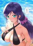  1girl aqua_eyes beach bikini black_bikini blush breast_suppress breasts cleavage collarbone commentary criss-cross_halter eyebrows_behind_hair hair_ornament hair_scrunchie halterneck highres large_breasts long_hair looking_at_viewer love_live! love_live!_school_idol_project open_mouth outdoors purple_hair purple_scrunchie r2pi scrunchie shore sidelighting single_bang skindentation solo speech_bubble swimsuit tareme teeth tongue toujou_nozomi translated upper_body upper_teeth water 