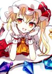  1girl ascot bangs blonde_hair commentary_request crystal dise eyebrows_visible_through_hair flandre_scarlet hair_between_eyes hands_on_own_face hands_up hat hat_ribbon highres jewelry light looking_to_the_side lying mob_cap multicolored_wings on_stomach one_side_up open_mouth orange_ascot red_eyes red_ribbon ribbon shadow short_hair simple_background smile solo touhou white_background white_headwear wings wrist_cuffs 