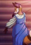  anthro blue_clothing blue_dress canid canine clothed clothing digital_media_(artwork) dress female fox fur hi_res lirkov mammal red_fox simple_background smile solo 