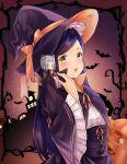  1girl absurdres bangs blue_hair ferdinand_(honzuki_no_gekokujou) halloween halloween_costume hat highres honzuki_no_gekokujou long_hair long_sleeves maine_(honzuki_no_gekokujou) open_mouth parted_bangs purple_headwear ribbon shiny shiny_hair shirt solo standing underbust very_long_hair white_shirt wide_sleeves witch_hat yellow_eyes yellow_ribbon yumeha_tseru 