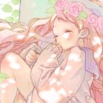  1girl benko blush closed_eyes dappled_sunlight english_commentary fetal_position flower_wreath head_wreath leaf long_hair lying mole mole_under_eye original sailor_collar sleeves_past_wrists solo sunlight sweater upper_body wavy_hair wreath 