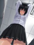  1girl amagami arms_up bangs black_hair black_skirt blush breasts brown_eyes ceiling ceiling_light clothes_lift commentary cowboy_shot dress_shirt fluorescent_lamp foreshortening from_below grey_sweater_vest highres kibito_high_school_uniform lifted_by_self light_particles light_smile locker locker_room looking_at_viewer looking_down medium_breasts nanasaki_ai nose_blush pleated_skirt raised_eyebrows school_uniform shirt short_hair skirt smile solo sweater sweater_lift sweater_vest thighs undressing uniform wet wet_clothes wet_shirt white_shirt yoo_tenchi 