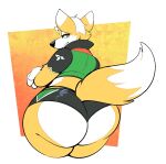  2022 anthro big_butt boot_(artist) border bottomwear bubble_butt butt butt_focus canid canine clothed clothing crop_top crossed_arms curvy_figure fox fox_mccloud frown fur furgonomics girly gradient_background hair hotpants huge_butt huge_thighs looking_at_viewer looking_back looking_back_at_viewer male mammal nintendo orange_background rear_view shirt shorts simple_background solo standing star_fox tail_clothing thick_thighs thong topwear tuft underwear video_games white_border yellow_background 
