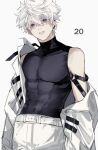  1boy abs bangs belt black_shirt blue_eyes cowboy_shot earrings hair_between_eyes highres hunter_x_hunter jacket jewelry killua_zoldyck long_sleeves looking_at_viewer male_focus multiple_earrings off_shoulder older open_clothes open_jacket pants parted_lips shirt simple_background sleeveless sleeveless_shirt solo spiked_hair tight tight_shirt to_e toned toned_male turtleneck white_background white_hair white_jacket white_pants 
