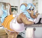  2022 5_fingers anthro apron artist_name belly bent_over big_belly blue_body blue_fur blue_hair bottomwear breasts brown_body clothed clothing elephant elephantid eyebrows female fingers fur hair inside mammal pregnant proboscidean purple_eyes skirt solo spottedtigress tablet thick_thighs tusks 