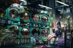  1girl absurdres bag bleach_(chemical) blurry chair clock depth_of_field fang flower halo_removed highres hololive hololive_english hood hoodie lamppost laundromat laundry_basket mole mole_under_eye neon_lights ninomae_ina&#039;nis purple_eyes reflection stool tablet_pc tako_(ninomae_ina&#039;nis) tentacles vase virtual_youtuber vyragami window 
