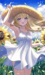  1girl :d absurdres armpits bangs bare_shoulders blonde_hair blue_eyes blue_sky blush breasts cloud cloudy_sky collarbone commentary day dress field flower flower_field hand_up hat highres long_hair looking_at_viewer open_mouth original outdoors petals plant poise ribbon sky sleeveless sleeveless_dress small_breasts smile solo spaghetti_strap standing straw_hat sun_hat sundress sunflower white_dress white_ribbon yellow_flower 