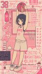  1girl :&lt; alternate_costume amagami armpits arms_up ball bandaid bangs baozi barcode basketball basketball_hoop basketball_jersey basketball_uniform black_bra black_eyes blunt_bangs blush bob_cut bottle bra breasts candy cart cat cherry_blossoms chevrons commentary eighth_note expressionless food full_body grid grid_background halftone halftone_background heart highres holding holding_ball jewelry looking_at_viewer messy_hair midriff_peek musical_note necklace pink_theme rabiyamarabi rocket romaji_text scoreboard segment_display shirt shoes short_hair shorts sleeveless small_breasts sneakers snowflakes solo sports_bra sportswear standing stats tachibana_miya towel translated underwear water_bottle white_footwear white_shirt white_shorts 