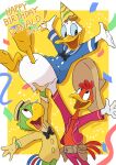  2022 4_fingers anatid anseriform anthro avian beak belt biped bird birthday black_bow_tie blue_clothing blue_sclera blue_shirt blue_topwear bottomless bow_tie brown_eyes cel_shading chicken clothed clothing confetti digital_drawing_(artwork) digital_media_(artwork) disney donald_duck duck english_text feathers fingers galliform gallus_(genus) gloves green_body green_feathers group handwear happy harara hat headgear headwear hi_res holster jos&eacute;_carioca looking_down looking_down_at_another looking_up looking_up_at_another male open_clothing open_mouth open_shirt open_smile open_topwear panchito_pistoles parrot party_hat phasianid pork_pie_hat red_body red_feathers shaded shirt signature smile sombrero text the_three_caballeros topwear trio white_body white_feathers yellow_beak yellow_clothing yellow_gloves yellow_handwear yellow_topwear 