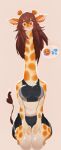  absurd_res anthro athletic_wear big_breasts blush bodily_fluids bottomwear breasts brown_hair clothed clothing crop_top digital_media_(artwork) emoji female fingers fur giraffe giraffid hair hi_res horn long_neck looking_at_viewer mammal midriff navel shirt shorts simple_background sitting smile soda_uyu solo speech_bubble spots spotted_body spotted_fur sweat tongue tongue_out topwear workout_clothing yellow_eyes 