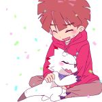  anthro bandai_namco bandanna_on_neck blush brown_hair claws clothing confetti digimon digimon_(species) digimon_ghost_game duo embrace gammamon hair hamu_ym hiro_amanokawa hoodie horn hug human male mammal on_lap sleeping topwear white_body 