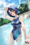  1girl absurdres antenna_hair bangs blue_sky blue_swimsuit blurry blurry_background blush cloud dark_blue_hair highres idolmaster idolmaster_million_live! looking_at_viewer marrrrrr one-piece_swimsuit outdoors parted_bangs partially_submerged pool poolside short_hair sky solo swimsuit toyokawa_fuka water_drop 