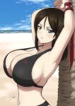  1girl armpits arms_up artist_name bangs beach bikini black_bikini black_hair blue_eyes blue_sky bound bound_wrists breasts bukkuri cleavage commentary dated day girls_und_panzer halterneck horizon large_breasts long_hair looking_at_viewer navel nonna_(girls_und_panzer) ocean open_mouth outdoors palm_tree signature sky smile solo swept_bangs swimsuit tree 