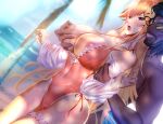  1boy 1girl areola_slip azur_lane backless_swimsuit beach biceps black_hair blush breast_grab breasts chinese_commentary covered_navel dark-skinned_male dark_skin day dutch_angle facial_hair frilled_swimsuit frills full-face_blush gosama grabbing grabbing_from_behind highleg highleg_swimsuit highres huge_breasts long_hair medium_hair muscular muscular_male nipple_tweak official_alternate_costume one_breast_out open_mouth orange_hair palm_tree pink_swimsuit red_eyes richelieu_(azur_lane) richelieu_(fleuron_of_the_waves)_(azur_lane) see-through see-through_sleeves side-tie_swimsuit smile swimsuit teeth topless_male tree very_long_hair water 
