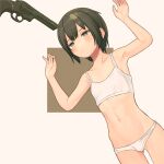  absurdres armpits arms_up ass_visible_through_thighs blush bra breasts brown_background brown_eyes brown_hair closed_mouth collarbone commentary commission cowboy_shot dutch_angle expressionless furrowed_brow gun gun_to_head handgun highres hip_bones kino_no_tabi looking_ahead midriff miyako_(naotsugu) navel panties revolver short_hair skeb_commission skinny small_breasts standing thigh_gap training_bra underwear weapon white_background white_bra white_panties 