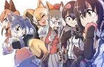  6+girls african_penguin_(kemono_friends) animal_ears beret black_hair black_hoodie black_jacket black_skirt blonde_hair blue_hair blue_lips blue_skirt blush caracal_(kemono_friends) caracal_ears cat_ears cat_girl cellphone center_frills coyote_ears coyote_girl eating elbow_gloves everyone eyebrows_visible_through_hair food fox_ears fox_girl frills glasses gloves grey_gloves grey_hair grey_skirt hat hood hoodie humboldt_penguin_(kemono_friends) jacket japari_bun kemono_friends kemono_friends_v_project leg_up licking licking_finger long_hair long_sleeves mcgunngu microphone midriff multicolored_hair multiple_girls navel orange_hair orange_headwear orange_jacket penguin_girl phone pink_hair plaid plaid_skirt pleated_skirt purple_hair shirt short_hair skirt smartphone spaghetti_strap streaked_hair thighhighs twintails two-tone_hair two-tone_hoodie v virtual_youtuber white_gloves white_hair white_hoodie white_shirt wolf_ears wolf_girl yellow_legwear zettai_ryouiki 