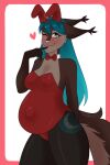  &lt;3 anna_yaeger anthro belly belly_overhang bindweed_(artist) blue_hair blue_nose blush border bow_tie breasts brown_body brown_fur bunny_costume cleavage clothed clothing costume domestic_cat ears_down fake_ears fake_rabbit_ears felid feline felis female fluffy fluffy_ears fluffy_tail front_view fur fur_markings grey_eyes hair hi_res legwear leotard long_hair looking_at_viewer mammal markings moon_(marking) navel navel_outline one_eye_closed outie_navel pink_border pivoted_ears pregnant pregnant_female shirt_collar simple_background smile solo spots thick_thighs translucent translucent_clothing translucent_legwear white_background wink winking_at_viewer 