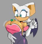  5_fingers anthro armwear bat_wings between_breasts breasts chiropteran cleavage clothed clothing elbow_gloves eyeshadow female fingers fur gem gloves green_eyes handwear hi_res justdavefnd makeup mammal membrane_(anatomy) membranous_wings rouge_the_bat sega simple_background solo sonic_the_hedgehog_(series) tan_body tan_skin white_body white_fur wings 