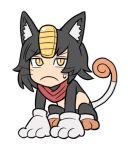  1girl animal_ear_fluff animal_ears arm_support ayyk92 bangs black_hair brown_footwear cat_ears cat_girl cat_tail chibi coin cosplay dungeon_meshi frown full_body gloves grey_gloves hands_on_floor izutsumi looking_afar meowth meowth_(cosplay) object_on_head paw_shoes pokemon red_scarf scarf short_hair simple_background slit_pupils solo squatting sweatdrop tail whiskers white_background 