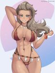 1girl abs absurdres aqua_eyes areola_slip arm_up armpits bare_arms bare_shoulders bikini blush bracelet breasts cleavage commentary cowboy_shot earrings english_commentary grey_hair hand_up highres hioyami jewelry large_breasts long_hair looking_at_viewer parted_lips patreon_username pokemon pokemon_(game) pokemon_sv red_bikini sada_(pokemon) sleeveless smile solo swimsuit 