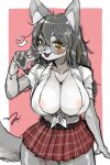  &lt;3 anthro areola areola_slip big_breasts blush bottomwear breasts canid canine character_request cloathed clothing exposed_breasts fan_character female fox hair hi_res long_hair looking_at_viewer mammal nipples peace_sign_(disambiguation) pink_nipples portrait skirt smile solo standing tagme three-quarter_portrait wolf_5648 