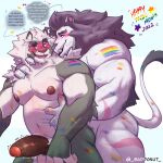  &lt;3 2022 anthro anthro_on_anthro baddonut balls biceps big_muscles big_penis bisexual_pride_colors blush bodily_fluids bodypaint claws dialogue duo embrace english_text erection eyebrows felid flustered foreskin fur genitals hi_res humanoid_genitalia humanoid_penis lgbt_history_month lgbt_pride lion looking_at_another looking_away male male/male mammal mane motion_lines muscular muscular_anthro muscular_male navel nipples nude onomatopoeia open_mouth open_smile pantherine pecs penis pride_colors profanity rainbow_pride_colors reach_around simple_background smile sound_effects standing star sweat teeth text thick_penis throbbing throbbing_penis tongue tuft url white_background 