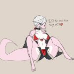  anthro bikini clothing collar female flat_colors hair hi_res karinfysh pink_body poorly_drawn_lines scalie simple_background slim solo solo_focus swimwear thick_thighs unspecific_species webcomic white_hair 