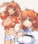  1girl :d ahoge azuki_neko breasts chaldea_uniform cleavage command_spell commentary_request eyebrows_visible_through_hair eyewear_on_head fate/grand_order fate_(series) fujimaru_ritsuka_(female) fujimaru_ritsuka_(female)_(tropical_summer) hair_ornament hair_scrunchie hawaiian_shirt jewelry large_breasts looking_at_viewer multiple_views navel necklace one_eye_closed orange_eyes orange_hair orange_shirt scrunchie shirt shorts side_ponytail smile sunglasses tan tanlines tied_shirt white_shorts yellow_scrunchie 