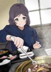  1girl :q aqua_eyes blue_shirt commentary_request cooking food highres indoors long_hair long_sleeves looking_down love_live! love_live!_school_idol_project low_twintails purple_hair shirt smile solo tongue tongue_out toujou_nozomi twintails window yakiniku yanase_eiwa 