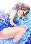  1girl blue_dress blush breasts brown_hair dress flower green_eyes hair_bun highres himekawa_yuki ic_6cha idolmaster idolmaster_cinderella_girls large_breasts looking_at_viewer lying on_side purple_flower single_side_bun sleeveless sleeveless_dress smile solo water 