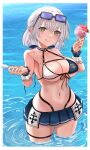  1girl adapted_costume bare_shoulders bikini bowl braid breasts chest_belt chest_strap cleavage day eyewear_on_head food french_braid frills front-tie_bikini front-tie_top full_body green_eyes grey_hair hairband highres holding holding_bowl holding_spoon hololive ice_cream_cup large_breasts looking_at_viewer mole mole_on_breast navel off-shoulder_sweater off_shoulder oursong_(kiam_pis) shaved_ice shirogane_noel short_hair smile solo spoon sweater swimsuit virtual_youtuber wavy_hair wrist_guards 