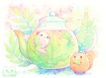  :3 animal animal_focus artist_logo artist_name axolotl bisquii chibi closed_mouth colorful english_commentary fish fluffy food green_tea holding leaf looking_at_another marshmallow no_humans original painting_(medium) red_panda see-through smile sparkle tail_raised tea teapot traditional_media watercolor_(medium) 
