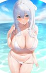  1girl aqua_eyes bangs beach bikini bikini_pull blue_sky blush breasts cleavage closed_mouth clothes_pull cloud collarbone day furrowed_brow futon_fly_away groin hair_between_eyes hair_ribbon highres large_breasts long_hair looking_at_viewer mole mole_under_eye navel ocean original pulled_by_self raised_eyebrows ribbon side-tie_bikini skindentation sky solo stomach strap_pull swimsuit thighs water wet white_bikini white_hair white_ribbon 