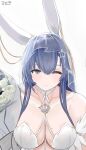  1girl :3 ;3 absurdres animal_ears artist_name azur_lane bare_shoulders blue_eyes blue_hair bouquet bra breasts chiyu1182 cleavage closed_mouth collarbone dated english_commentary eyebrows_visible_through_hair hair_ornament highres huge_breasts large_breasts looking_at_viewer mole mole_on_breast new_jersey_(azur_lane) new_jersey_(snow-white_ceremony)_(azur_lane) official_alternate_costume one_eye_closed rabbit_ears rabbit_girl revealing_clothes see-through simple_background solo star_(symbol) thick_eyelashes underwear upper_body veil white_background white_bra 
