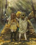  2others absurdres ashukapeka autumn autumn_leaves boots broom check_copyright copyright_request crossed_legs day flip-flops forest full_body ginkgo_leaf gradient green_eyes hands_up highres leaf long_sleeves looking_to_the_side mask multiple_others nature original outdoors pinecone pitchfork robe sandals sash scratching_head scroll standing sunlight thigh_boots wide_sleeves yellow_eyes 