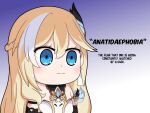  1girl :| bangs bare_shoulders bianka_durandal_ataegina bianka_durandal_ataegina_(palatinus_equinox) blonde_hair blue_eyes chibi closed_mouth commentary empty_eyes english_commentary english_text gradient gradient_background hair_ornament highres honkai_(series) honkai_impact_3rd keita_naruzawa long_hair multicolored_hair solo staring two-tone_hair upper_body white_hair wide-eyed 