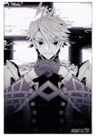  1boy ahoge armor artist_name bangs black_eyes eyebrows_visible_through_hair facial_mark fate/grand_order fate_(series) gloves grey_hair high_collar highres james_moriarty_(ruler)_(fate) long_sleeves looking_at_viewer male_focus meiji_ken monochrome pauldrons short_hair shoulder_armor shoulder_spikes smile solo spikes teeth upper_body 