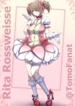  1girl artist_name bow breasts brown_hair bubble_skirt character_name choker closed_mouth commentary cosplay frilled_legwear full_body gloves hair_bow hair_over_one_eye high_heels highres honkai_(series) honkai_impact_3rd kaname_madoka kaname_madoka_(cosplay) kneehighs large_breasts looking_at_viewer magical_girl mahou_shoujo_madoka_magica mole mole_under_eye puffy_short_sleeves puffy_sleeves red_bow red_choker red_eyes red_footwear ribbon_choker rita_rossweisse short_hair short_sleeves short_twintails skirt smile solo tomodachi_(tomofanart) twintails voice_actor_connection white_gloves white_legwear yuuki_aoi 