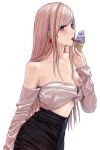  1girl alternate_costume applekun bare_shoulders black_skirt casual crop_top detached_sleeves earrings fate/grand_order fate_(series) food hair_down high-waist_skirt highres holding_ice_cream ice_cream ice_cream_cone jewelry licking licking_foot long_hair looking_at_viewer looking_to_the_side midriff miyamoto_musashi_(fate) pink_hair purple_eyes skirt solo white_background 