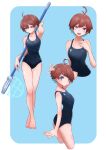  1girl ahoge blue_eyes blue_swimsuit breasts brown_hair butterfly_net closed_mouth collarbone commission gman322 hand_net haruka_(saru_getchu) highres looking_at_viewer one-piece_swimsuit open_mouth saru_getchu school_swimsuit short_hair simple_background smile solo swimsuit 