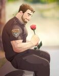  1boy arm_hair bara beard black_hair black_pants black_shirt blurry blurry_background closed_mouth facial_hair flower hat hat_removed headwear_removed highres holding jojiart large_pectorals male_focus muscular muscular_male original pants pectorals police police_hat police_uniform policeman red_flower red_rose rose shirt short_hair sitting smile solo uniform 