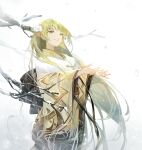  1boy bangs enkidu_(fate) eyebrows_behind_hair fate/grand_order fate_(series) flower green_eyes green_hair japanese_clothes kimono long_hair looking_to_the_side noname1995 reaching_out smile snow snowing solo tree 