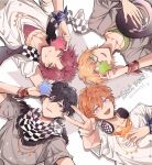  4boys akehoshi_subaru bandana black_hair blonde_hair blue_eyes checkered_clothes checkered_headwear checkered_scarf circle_formation covering_one_eye dullnoko ensemble_stars! fedora glasses green_eyes grin hat hat_removed headphones headphones_around_neck headwear_removed hidaka_hokuto highres holding holding_star isara_mao jewelry looking_up lying male_focus multiple_boys necklace on_back open_mouth red_hair scarf smile star_(symbol) trickstar_(ensemble_stars!) v yuuki_makoto 