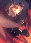  1girl ahoge black_legwear breasts chain cloak fate/grand_order fate_(series) flag grey_hair headpiece holding holding_flag holding_weapon jeanne_d&#039;arc_alter_(avenger)_(fate) jeanne_d&#039;arc_alter_(fate) looking_at_viewer noname1995 short_hair smile solo thighhighs weapon yellow_eyes 