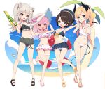  4girls :d animal_ears bangs bare_arms bare_legs beach beach_chair bikini bikini_skirt black_bikini black_eyes blonde_hair blush bow breast_tattoo breasts cleavage crossed_bangs demon_girl demon_horns demon_tail demon_wings ear_piercing flower frilled_bikini frills full_body green_eyes green_shorts grey_hair hair_ornament hair_scrunchie hat hat_bow heterochromia highres himemori_luna holding holding_water_gun hololive horns large_breasts leg_garter lion_ears lion_girl lion_tail long_hair looking_at_viewer medium_breasts micro_shorts multiple_girls navel nyasunyadoora oozora_subaru palm_tree parted_lips piercing pink_bow pink_hair pointy_ears ponytail purple_eyes sandals scrunchie shishiro_botan shorts signature smile standing standing_on_one_leg stomach straw_hat sun_hat swept_bangs swimsuit tail tattoo thigh_strap tree virtual_youtuber water_gun white_bikini wings wrist_scrunchie yellow_flower yuzuki_choco 