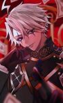  1boy ahoge armor bangs black_eyes commentary_request diandao_qin eyebrows_visible_through_hair eyes_visible_through_hair facial_mark fate/grand_order fate_(series) gloves grey_hair james_moriarty_(ruler)_(fate) long_sleeves looking_at_viewer male_focus pauldrons short_hair shoulder_armor smile solo upper_body 