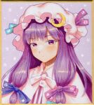  1girl bangs border closed_mouth crescent crescent_hat_ornament dress eyebrows_visible_through_hair face hair_ornament hat hat_ornament kageharu long_hair looking_at_viewer mob_cap patchouli_knowledge purple_eyes purple_hair red_ribbon ribbon shikishi sidelocks simple_background solo striped touhou traditional_media upper_body 