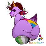  2022 anthro aromantic_pride_colors big_butt bottomwear bovid brown_hair brunkdutt butt butt_focus caprine cigarette clothing colored digital_drawing_(artwork) digital_media_(artwork) drugs ear_piercing ear_ring ears_back eye_tattoo facial_piercing facial_tattoo footwear goat hair hi_res horn kidden_eksis legwear lgbt_pride looking_at_viewer looking_back male mammal marijuana mohawk multicolored_clothing multicolored_legwear multicolored_panties multicolored_thigh_highs multicolored_underwear narrowed_eyes nose_piercing nose_ring oddbutokay pansexual_pride_colors panties pattern_clothing piercing pivoted_ears pompadour pride_color_clothing pride_color_legwear pride_color_panties pride_color_thigh_highs pride_color_underwear pride_colors purple_body purple_skin septum_piercing shaded simple_background simple_shading smile smoking socks solo sparkles standing stockings striped_clothing stripes tattoo thick_thighs thigh_highs thigh_socks thigh_up underwear wide_hips ych_result 